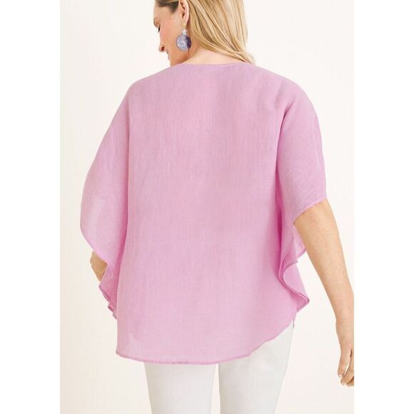 Chico’s size S/M linen blend dolman sleeve lace boho dusty rose top - Picture 2 of 7